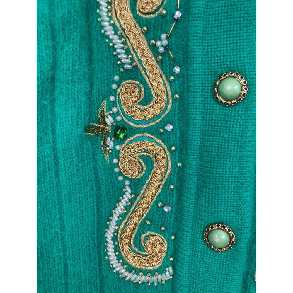 *Vintage Belldini Angora Embellished Button Cardigan Sweater M Green Gold Jewel - Picture 8 of 11